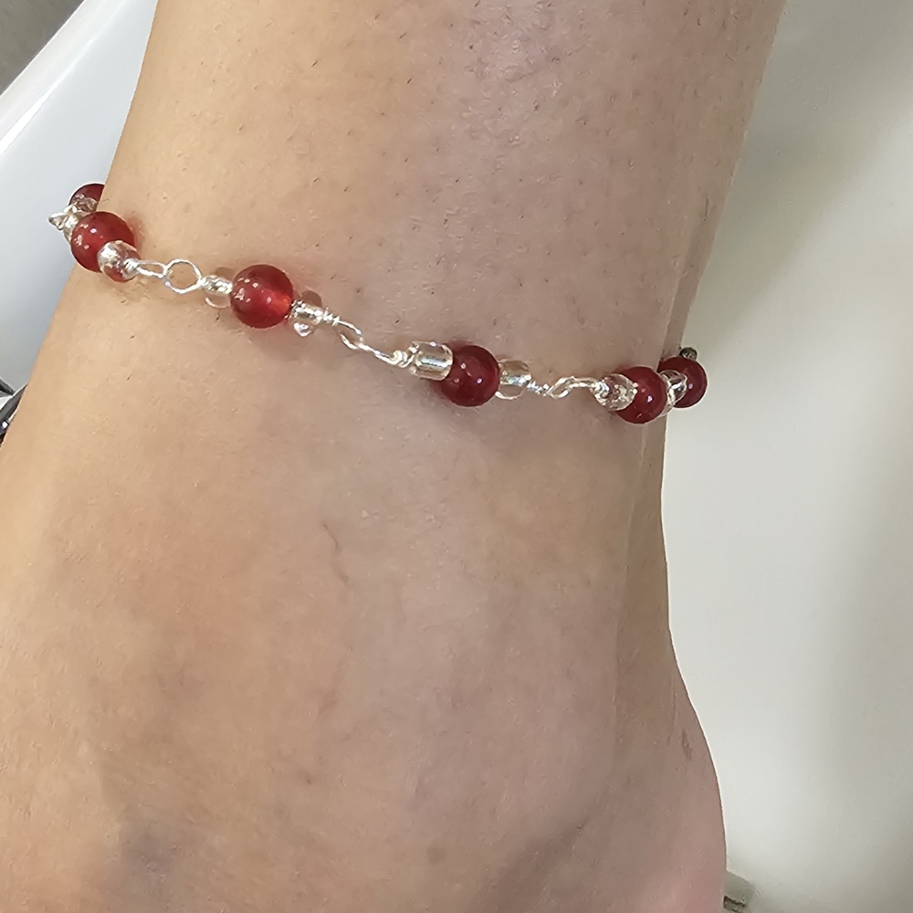 Chic Red Jade Beaded Silver Plated Bracelet/Anklet